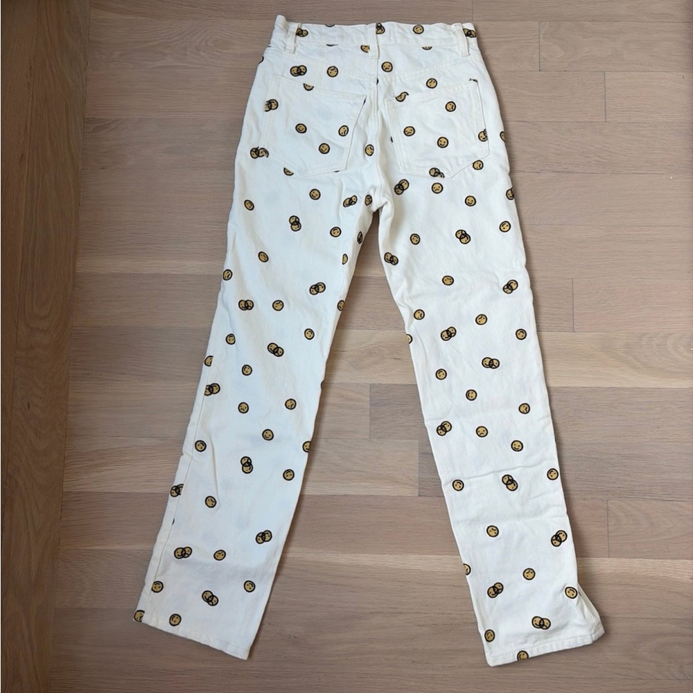 Reformation White Straight-Leg Jeans with Yellow smiley face Print